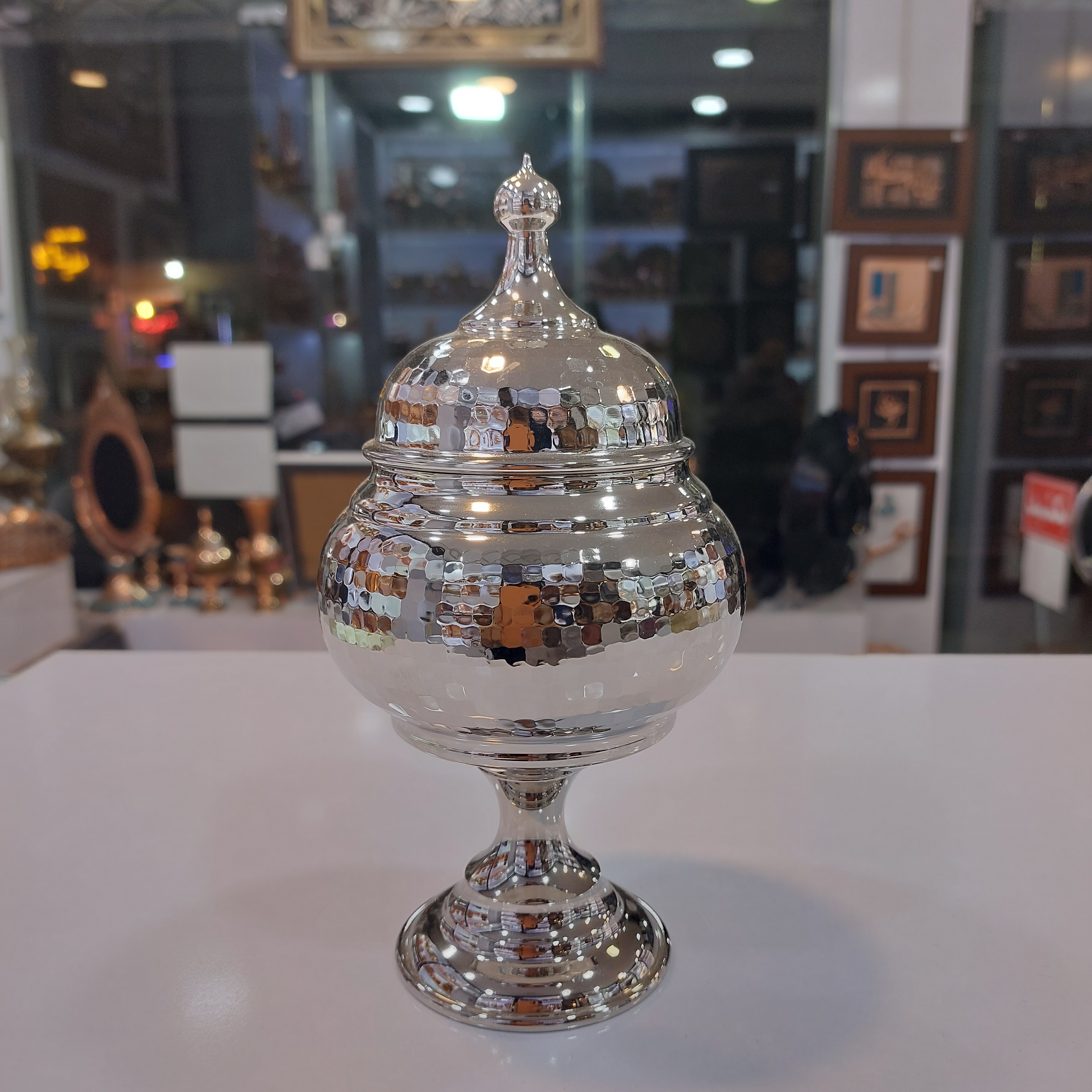 قندان مسی خمره ای چکشی پایه دار فضلی کروم
