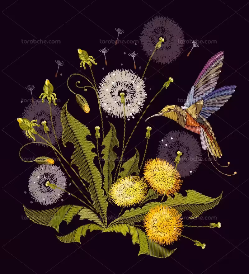 وکتور گلدوزی گل و پرنده | گرافیک با طعم تربچه