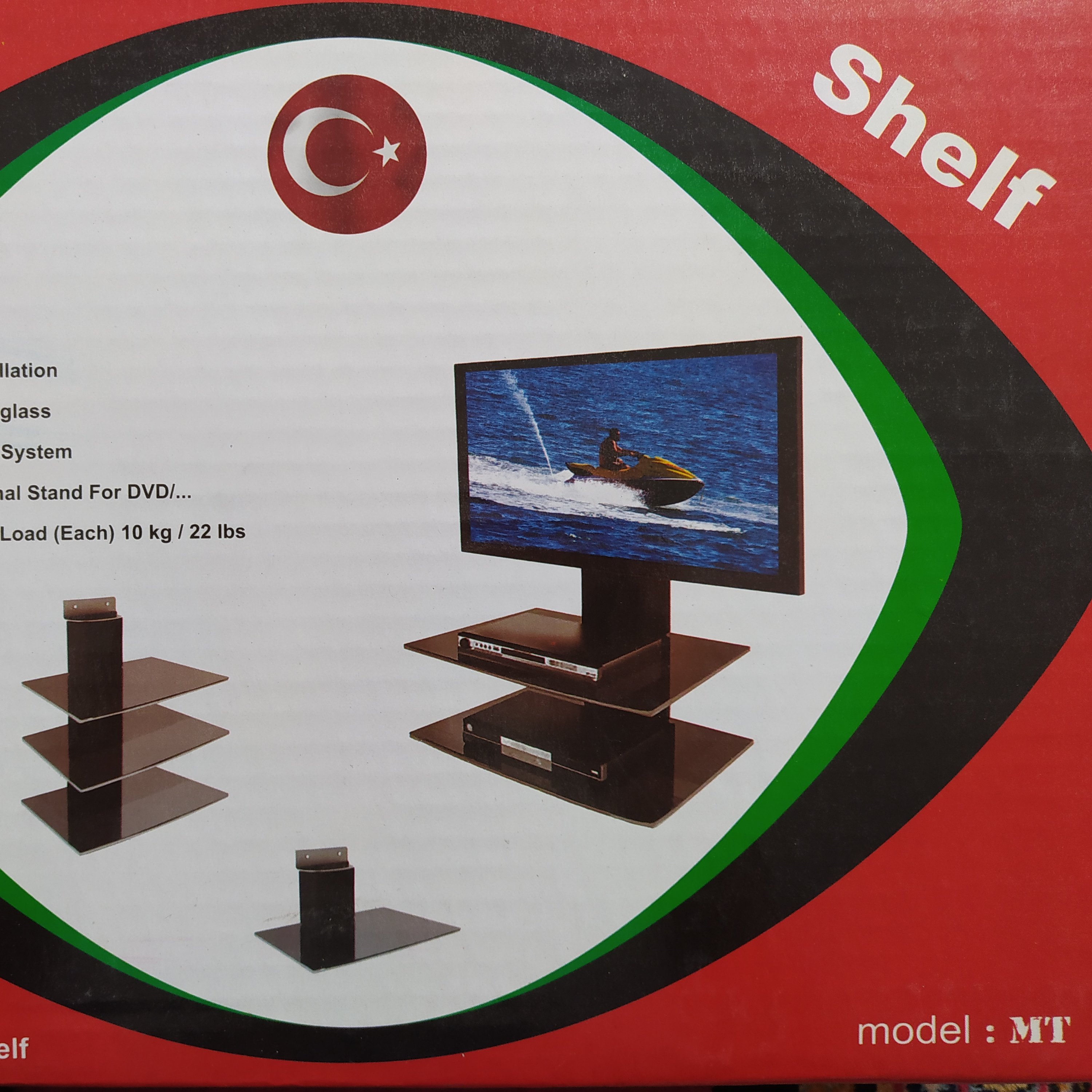 شلف دیواری تلویزیون باشیشه دودی یک طبقه باپایه فلزی مشکی دیواری که زیر تلویزیون قرار میگیرد و مخصوص گیرنده دیجیتال است
