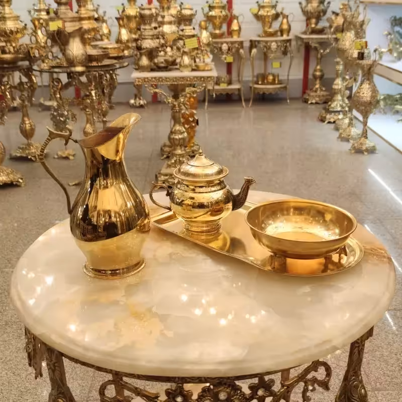 سرویس سماور برنجی پنج پارچه طرح ساده زرد کد 1101