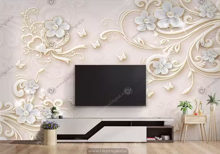 پوستر دیواری پشت تلویزیون گل طلایی ba-2272