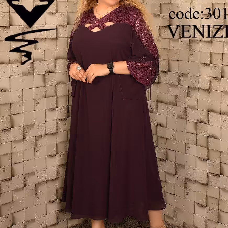 پیراهن مجلسی یقه ضربدری سایز 48 تا 62 قواره بزرگ جنس حریر شیفون و پولکی ریلی همراه آستری پاناما