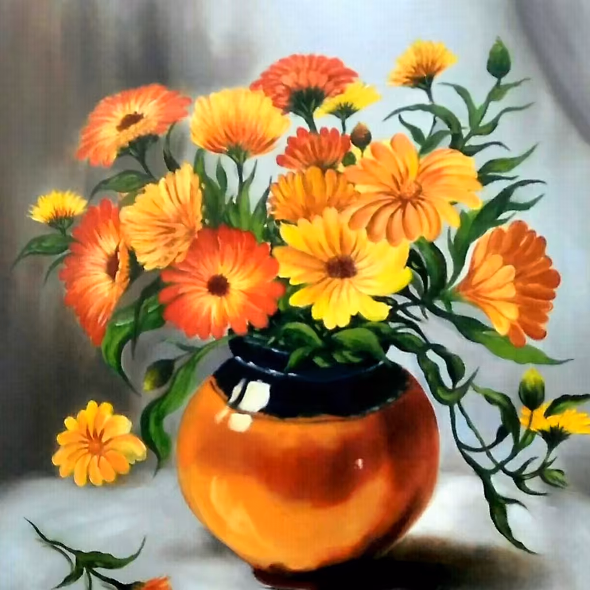 تابلو نقاشی رنگ روغن گلدان گل