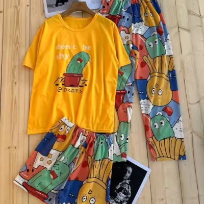 ست سه تیکه تیشرت و شلوار و شلوارک گیاهی مدل دارلین