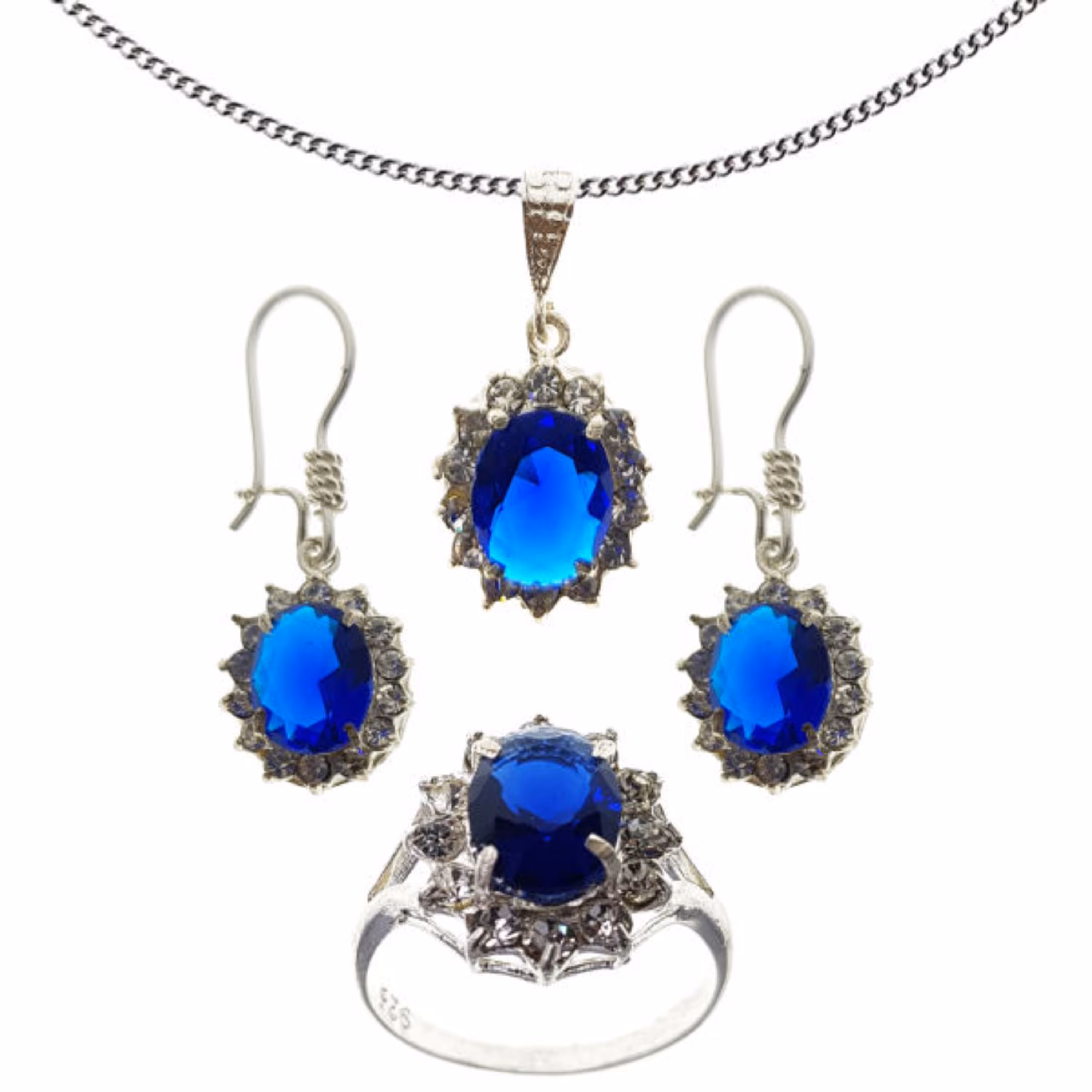 نیم ست نقره با سنگ یاقوت آبی طرح گل