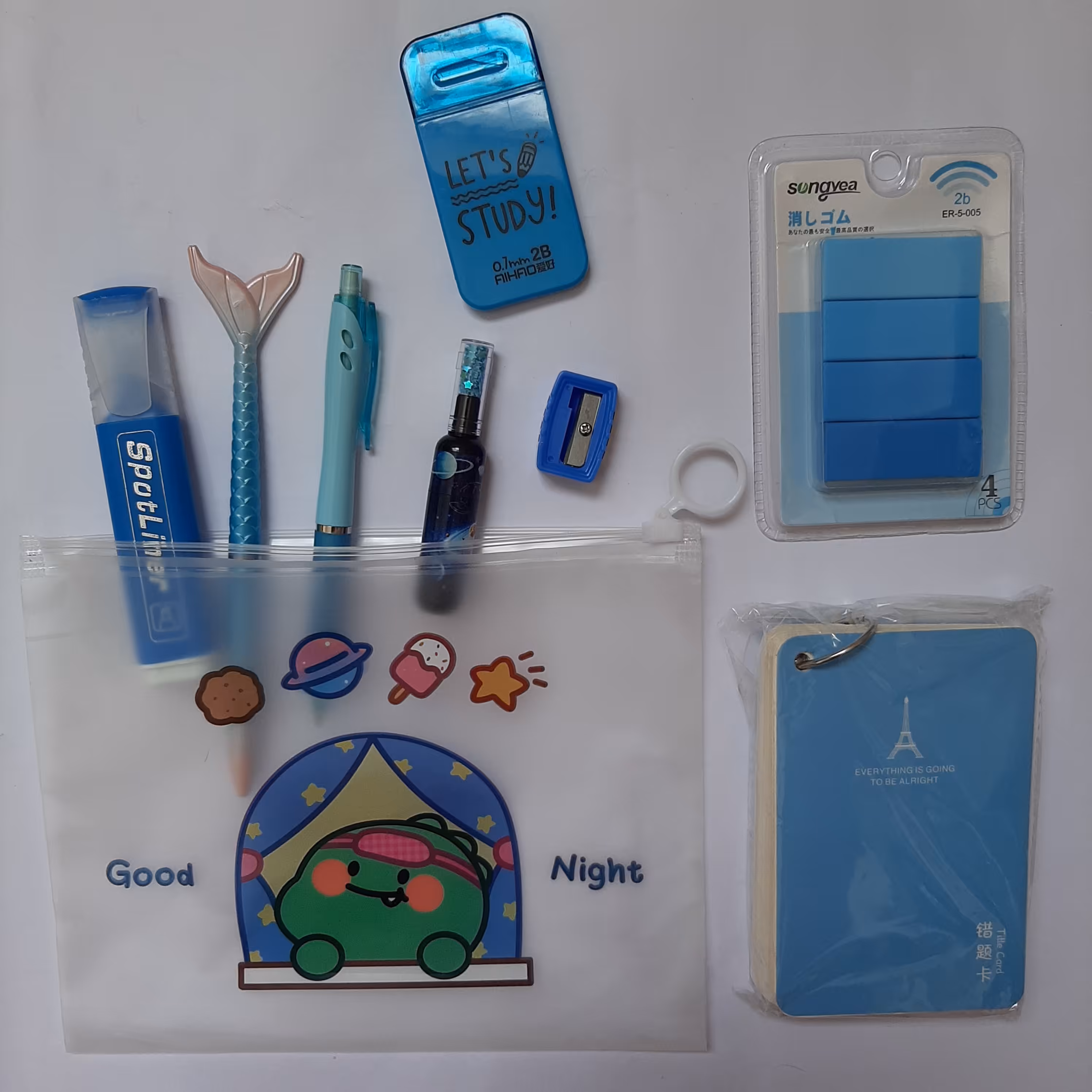 لوازم تحریر نوشت افزار فانتزی ست آبی کاور دفترچه ماژیک هایلایت و .... ست شامل هرچه در تصویر است