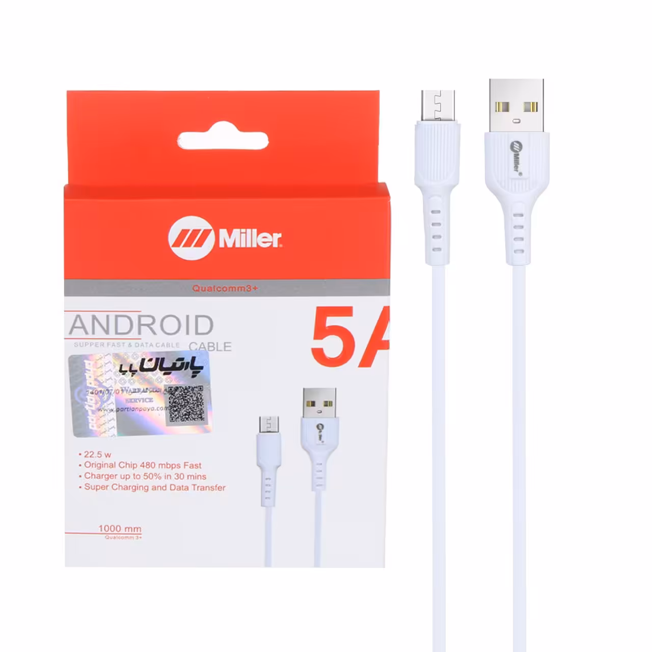 کابل اندرویدی برند معتبر miller میکرو یو اس بی امپر بالا مخصوص گوشی و تبلت های با ظرفیت بالای باطری