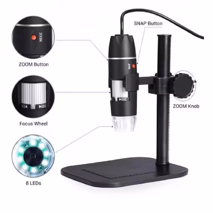 میکروسکوپ دیجیتالی چراغ دار با قدرت 500 برابر با پایه و قدرت زوم متغیر