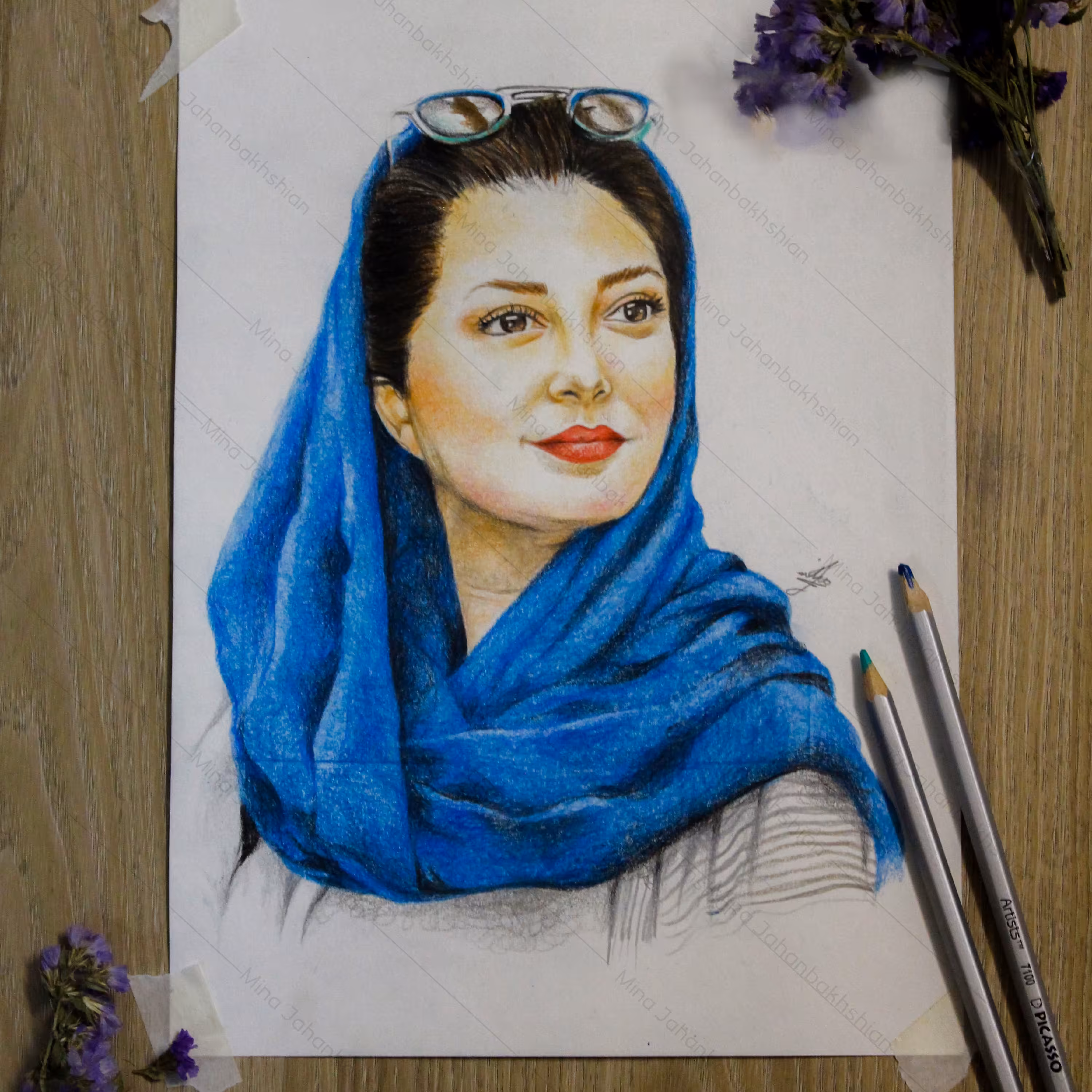 طراحی چهره خانوم طناز طباطبایی با تکنیک مدادرنگی