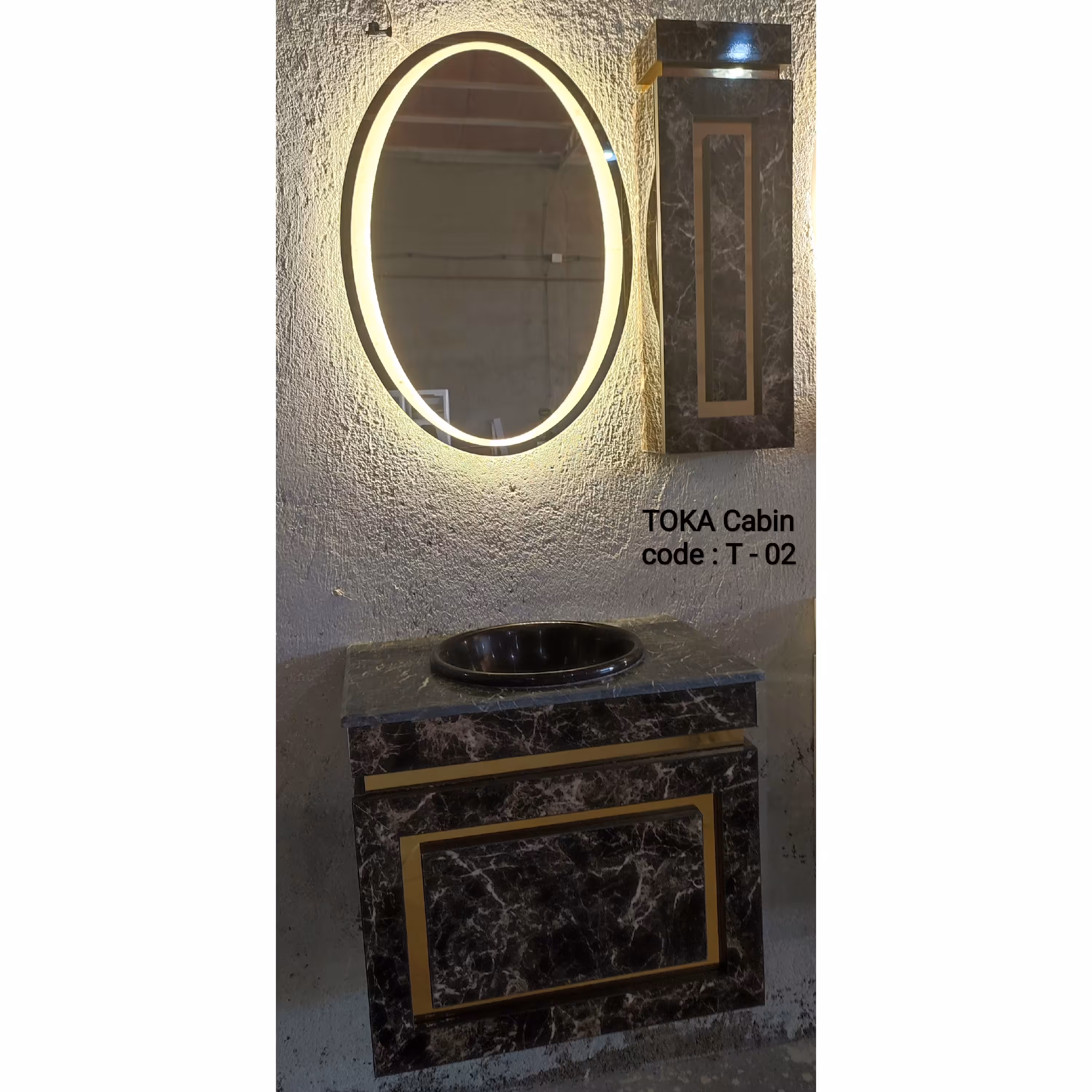 روشویی کابینتی فولست مدل T-02 با آینه بک لایت و باکس، روکش طرح سنگ امپرادو   تیره و طلایی