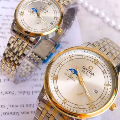 ست ساعت امگا بنداستیل دورنگ صفحه سفید