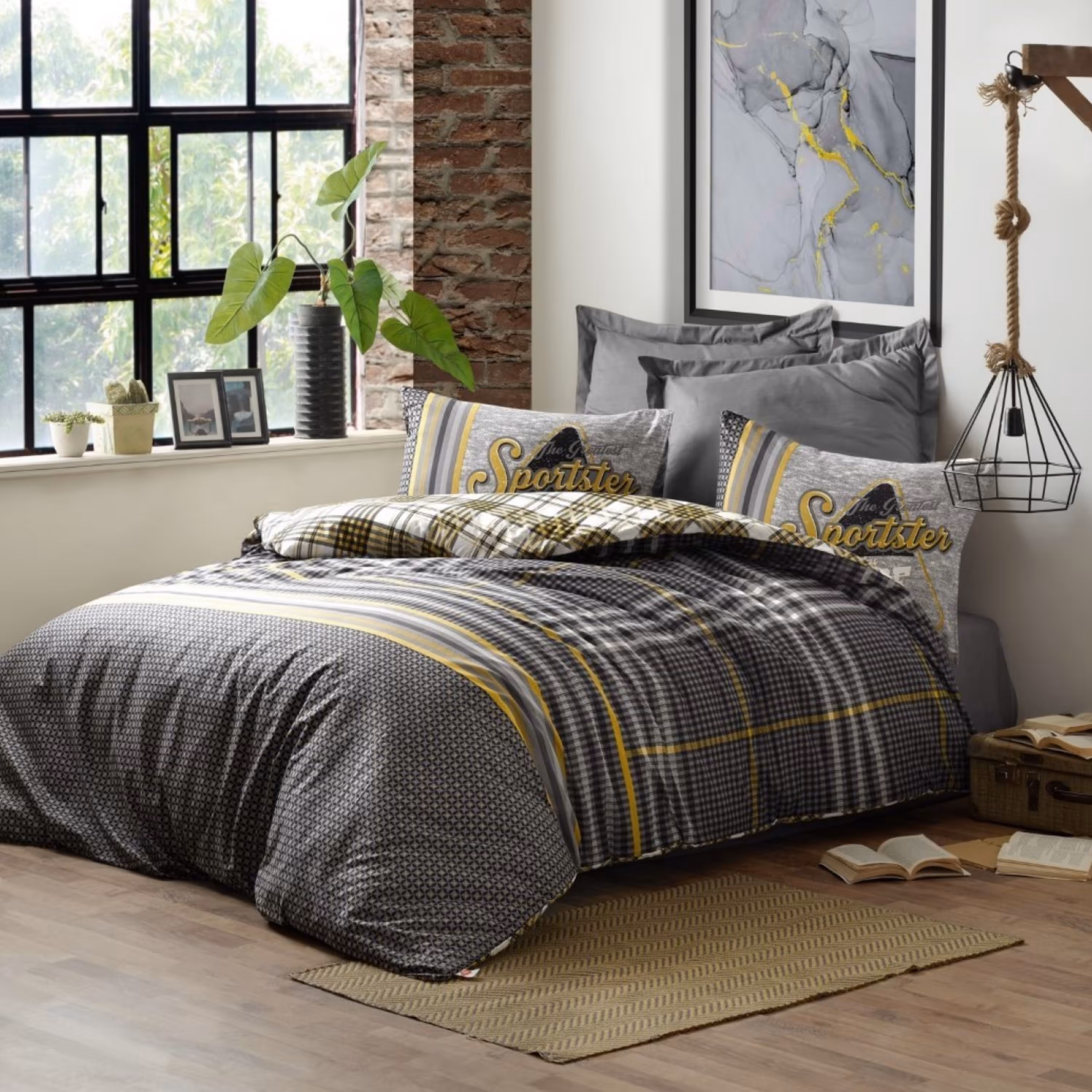 ست ملحفه کاتن باکس مدل Masculine Leonardo Gri دو نفره 4 تکه