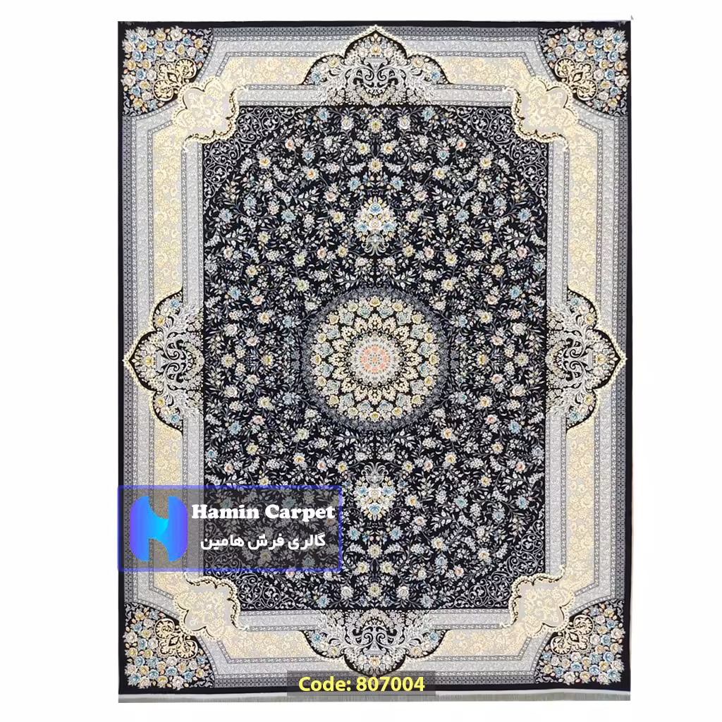 فرش 4 متری 700شانه تراکم 2550 نخ آکلریک رنگ زمینه سرمه ای کد AR807004