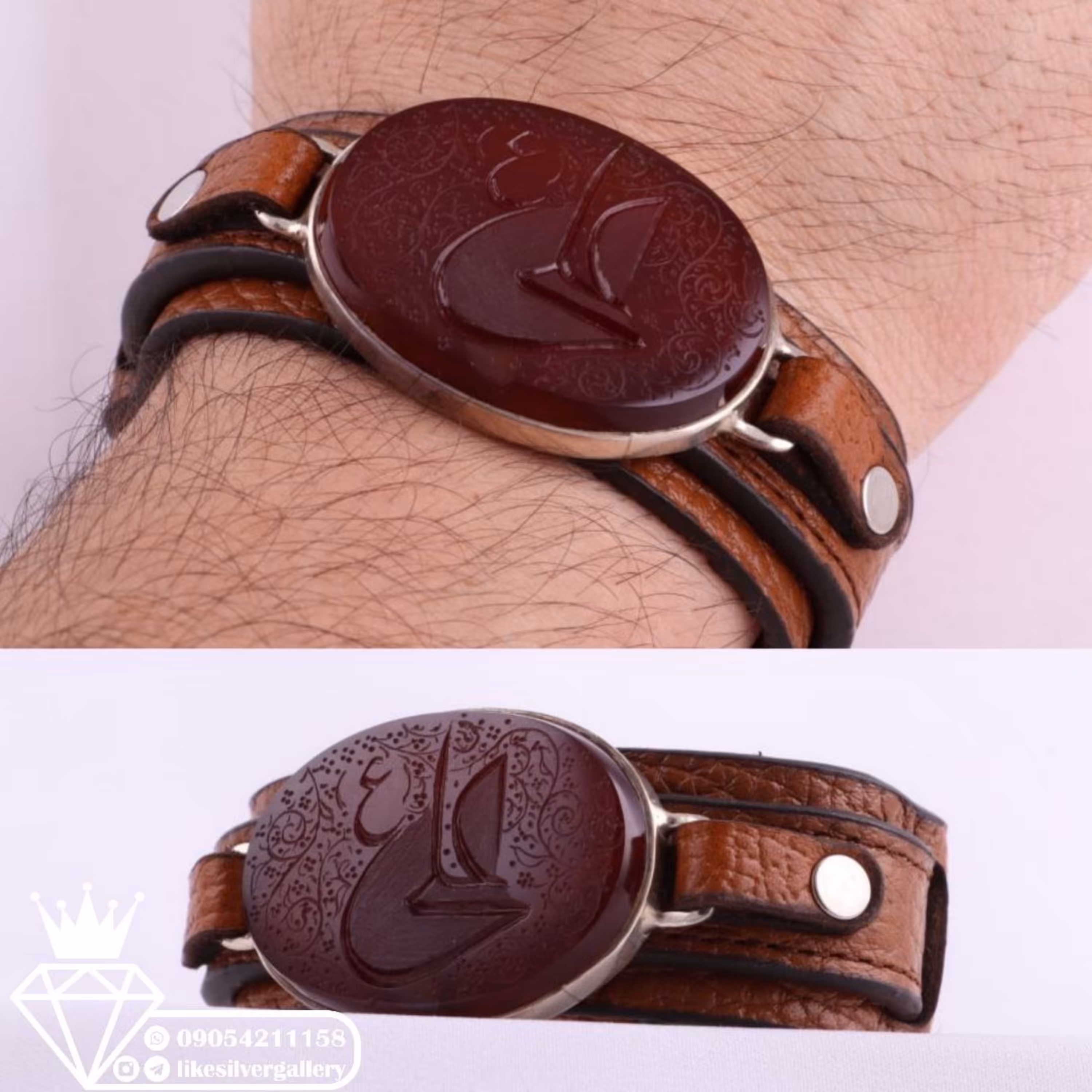 دستبند چرم طبیعی اصل نگین عقیق سرخ خطی منقش به نام مولا علی(ع)