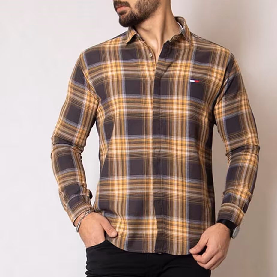 پیراهن آستین بلند سایز مدیوم چهارخونه طوسی زرد