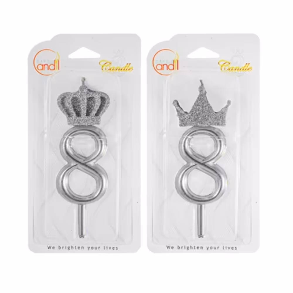 شمع اکلیلایز  نقره ای عدد هشت (8)(شمع تولد.شمع رو کیکی .شمع جذاب. شمع جدید)