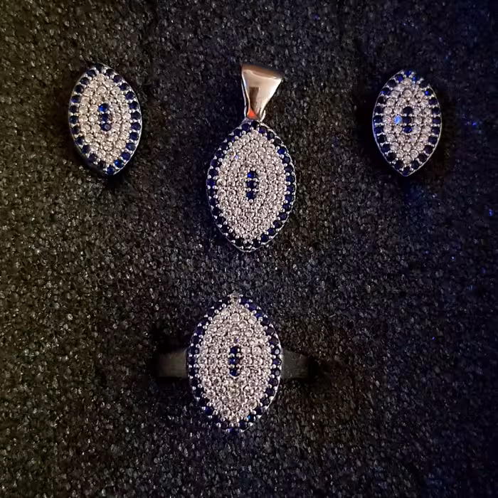 نیم ست یاقوت کبود پر نگین نقره زنانه مدل چشم نظر آبکاری طلا