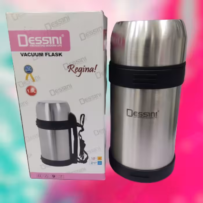 فلاسک تمام استیل یک لیتر برند دسینی مدل 600 جنس درجه یک با ماندگاری نوشیدنی گرم و سرد بالا همراه با بندو دسته جانبی تاشو