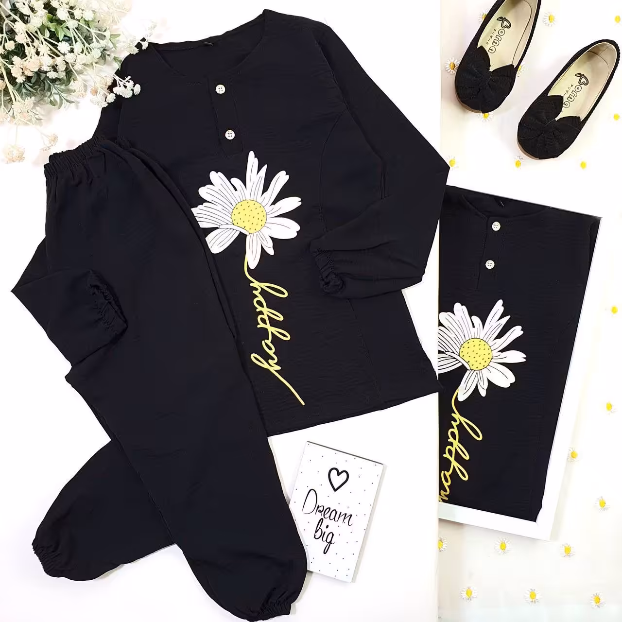 شومیز شلوار دخترانه آفتابگردان مشکی محرمی مناسب 2 تا 4 سال جنس ابر و بادی