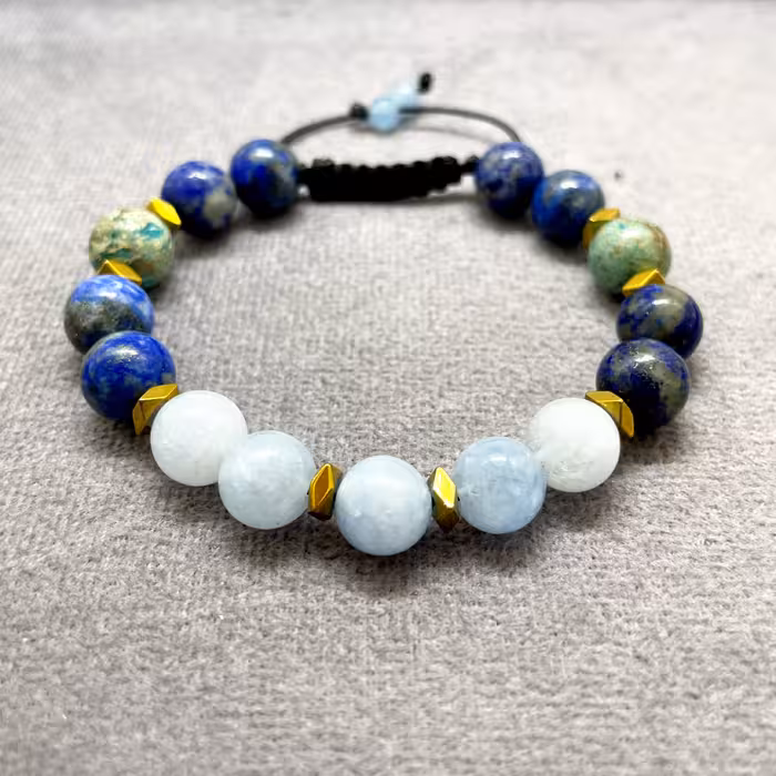 دستبند سنگی آکوامارین و فیروزه و لاجورد
