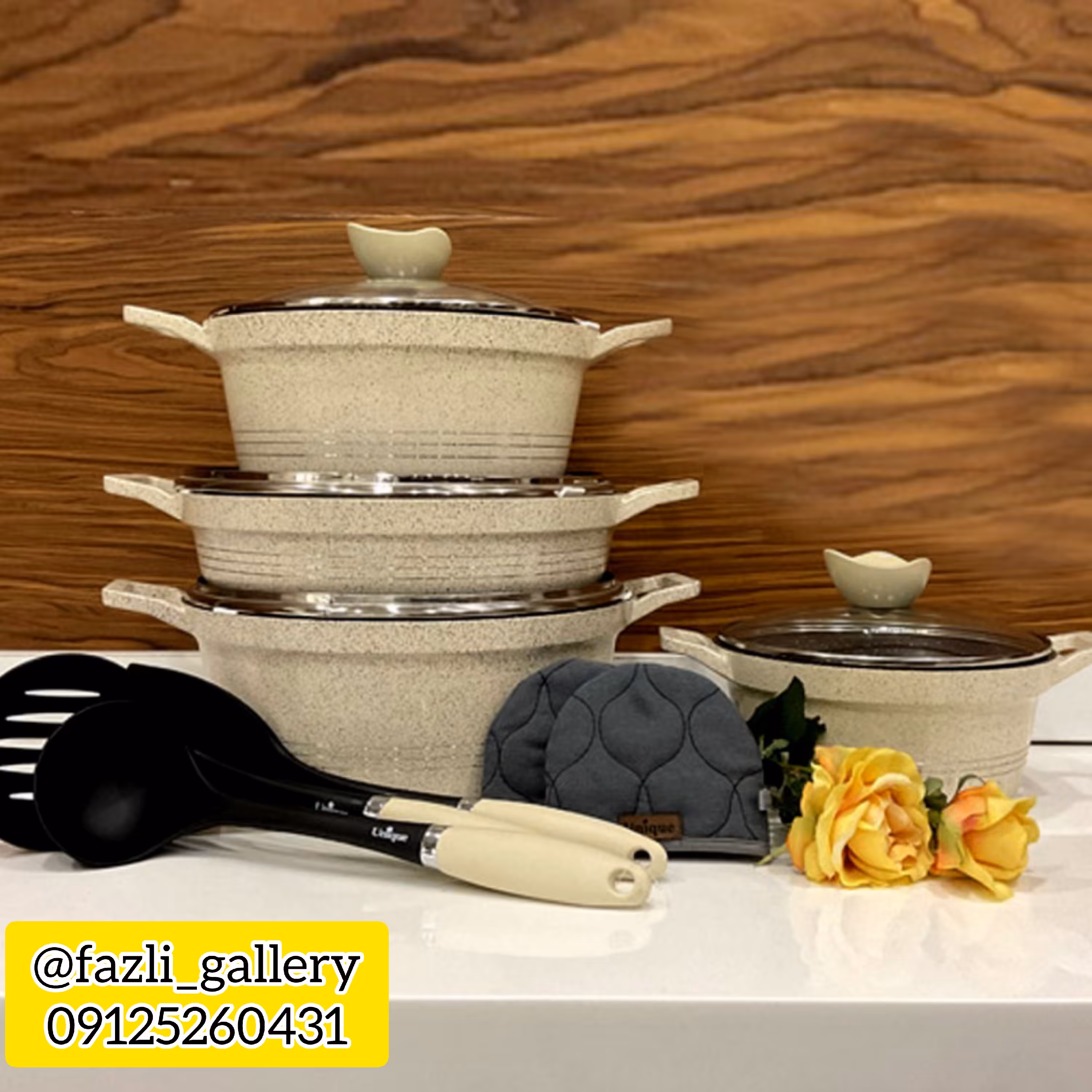 سرویس قابلمه یونیک 11 پارچه کلاسیک کرم گرانیت  قابلمه یونیک کد 7875    سرویس یونیک قابلمه گرانیتی  قابلمه چدن گرانیتی