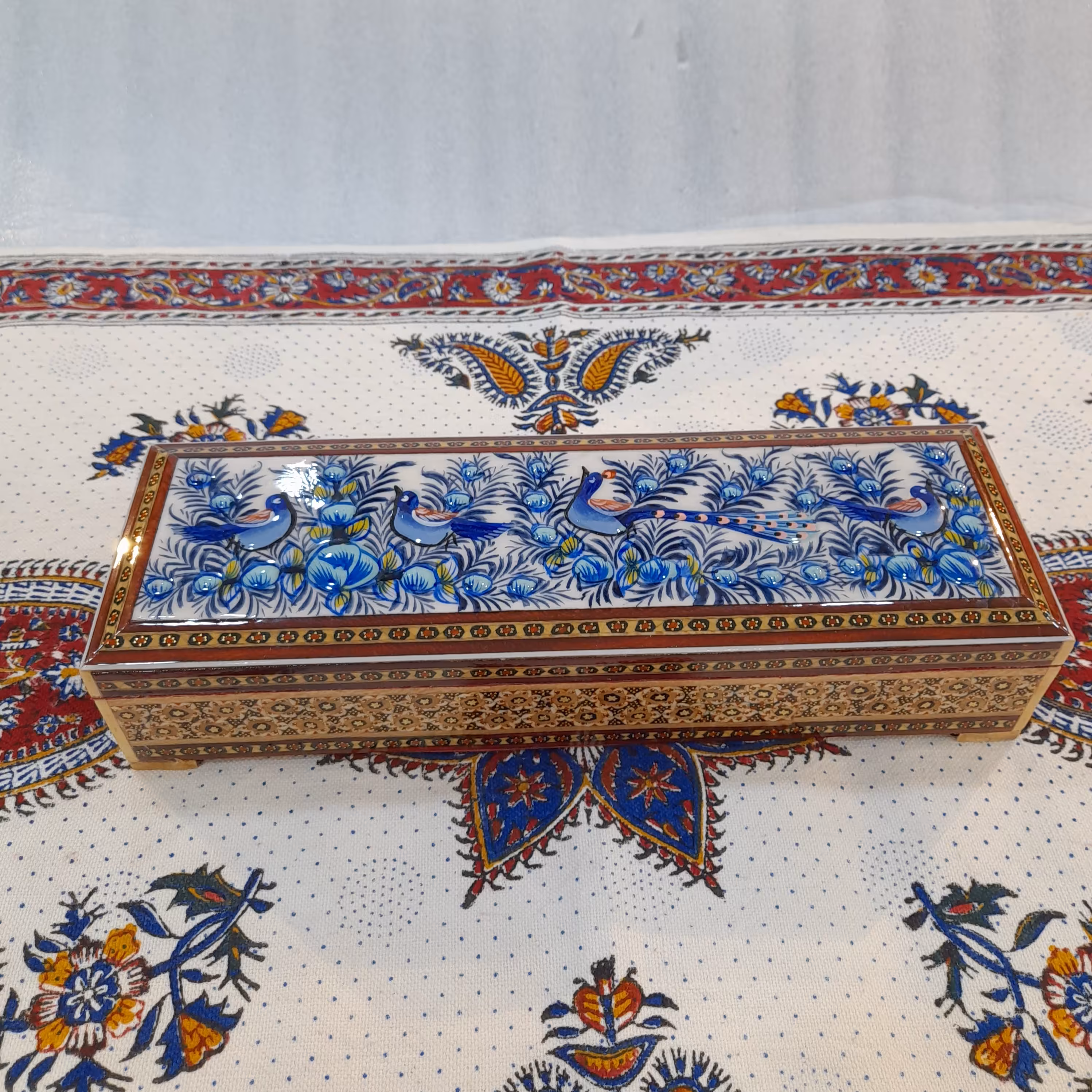 جا مضرابی لولایی دو گل بزرگ خاتم کاری(مدل گل و مرغ آبی برجسته)(گارانتی 120 ماهه)
