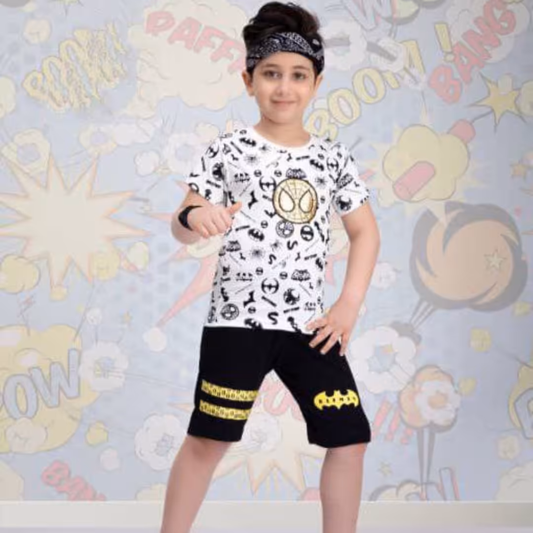 ست تیشرت و شلوارک پسرانه چاپدار  نوار دار طرح بتمن و اسپایدرمن لباس بچگانه کودک جنس پنبه لاکرا تک رنگ

