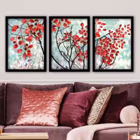تابلو دکوراتیو مینیمال آبرنگ برگ قرمز مجموعه 3 عددی سایز 30 در 40