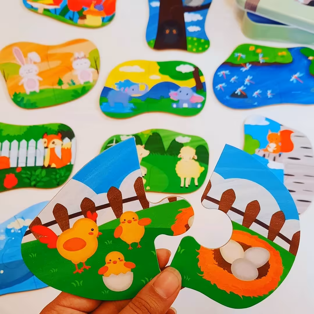 پازل دو تکه چوبی ده عددی قوطی فلزی