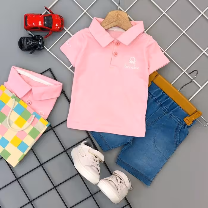 ست تیشرت و شلوارک پسرانه بیرونی 30 طرح یقه مردونه دو دکمه  کد 6937z