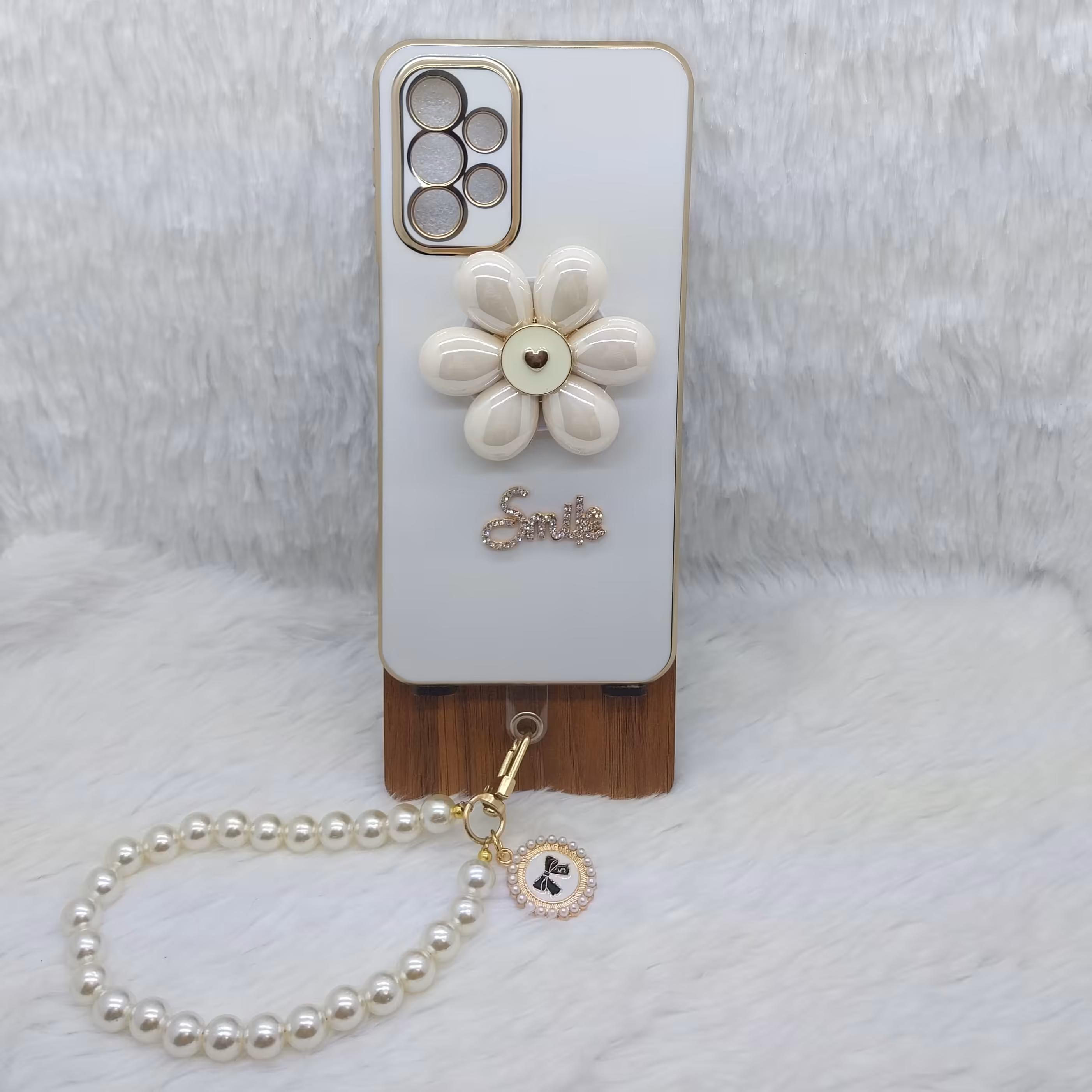 گارد (قاب) گوشی دخترانه A23 مدل مای کیس با پاپ سوکت گل و بند مرواریدی مناسب گوشی Samsung  A23  4G