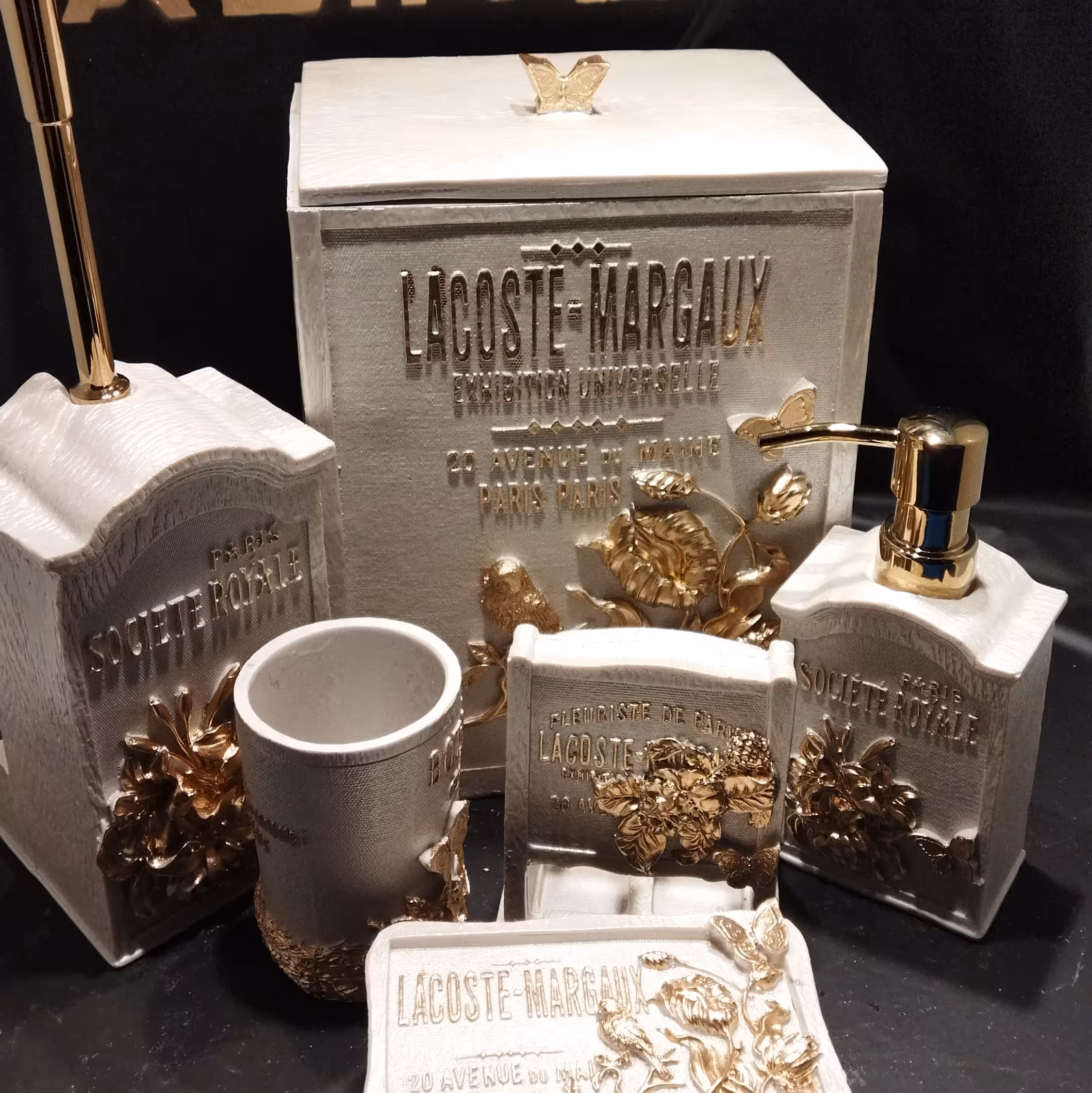 اکسسوری و ست سرویس بهداشتی مدل پاریس آذین ست - رنگ کرم صدفی با طلایی - جنس رزین درجه یک