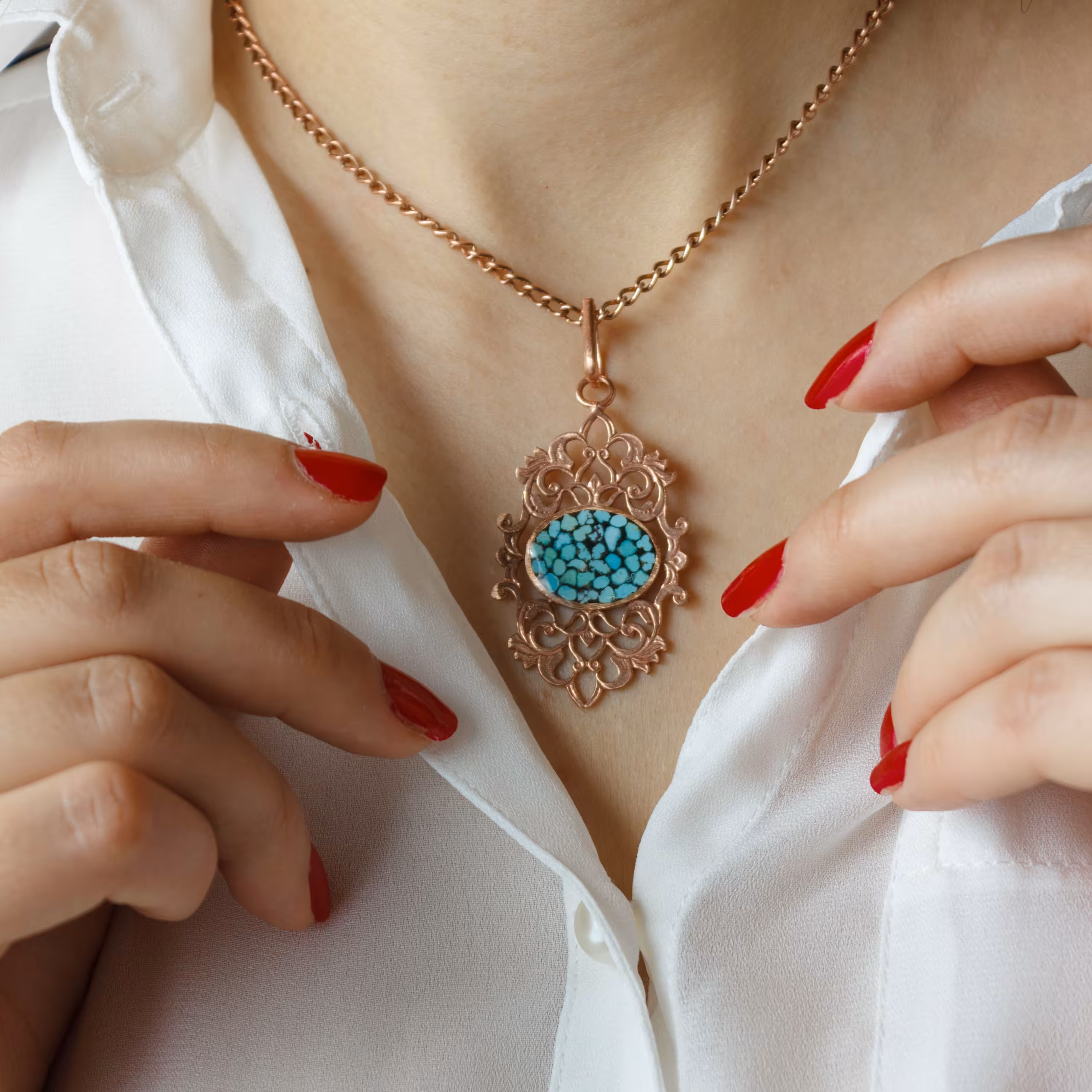 گردنبند مسی زنانه نخل اویز فیروز کد 326