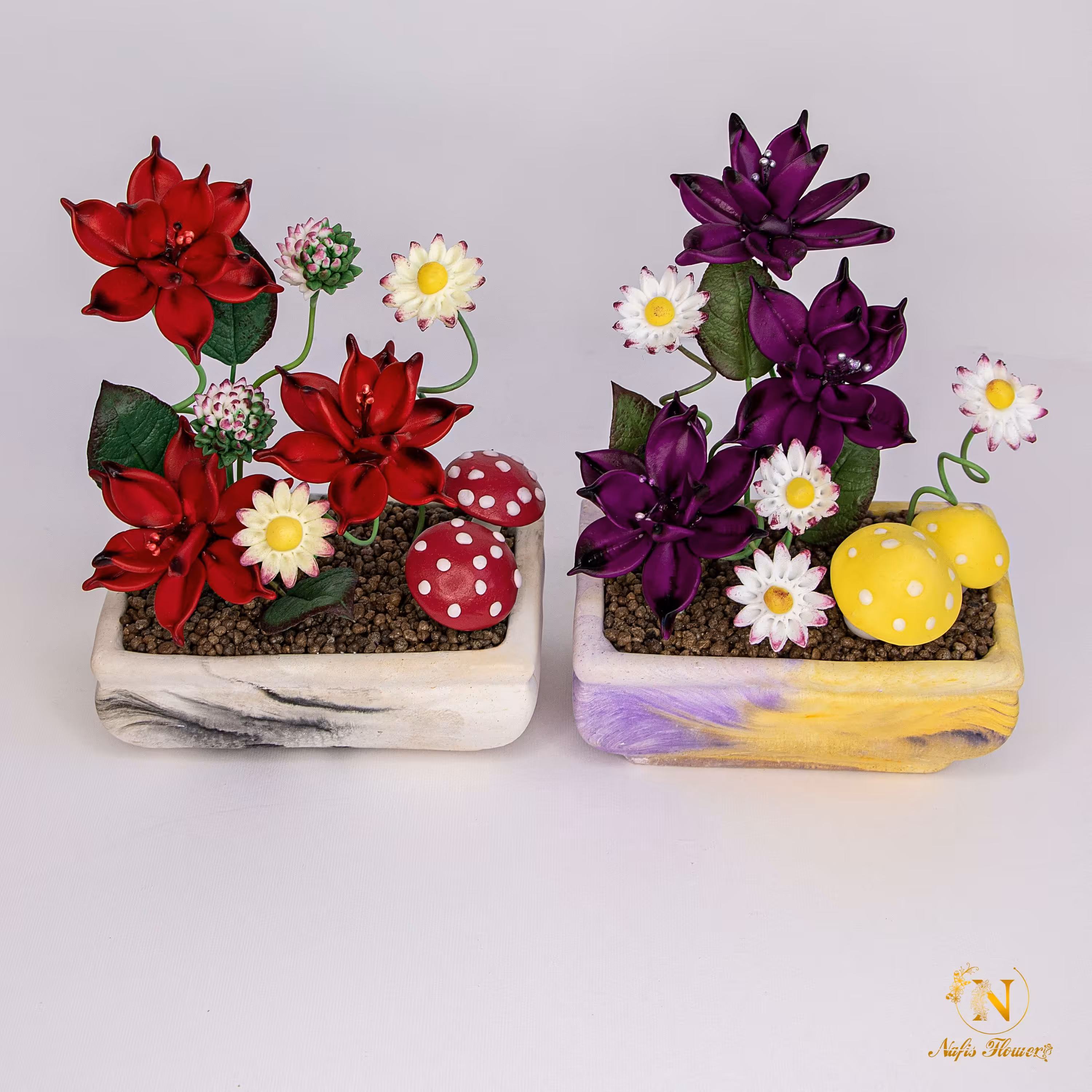 بنسا گل با گلدان بتنی در رنگ های مختلف