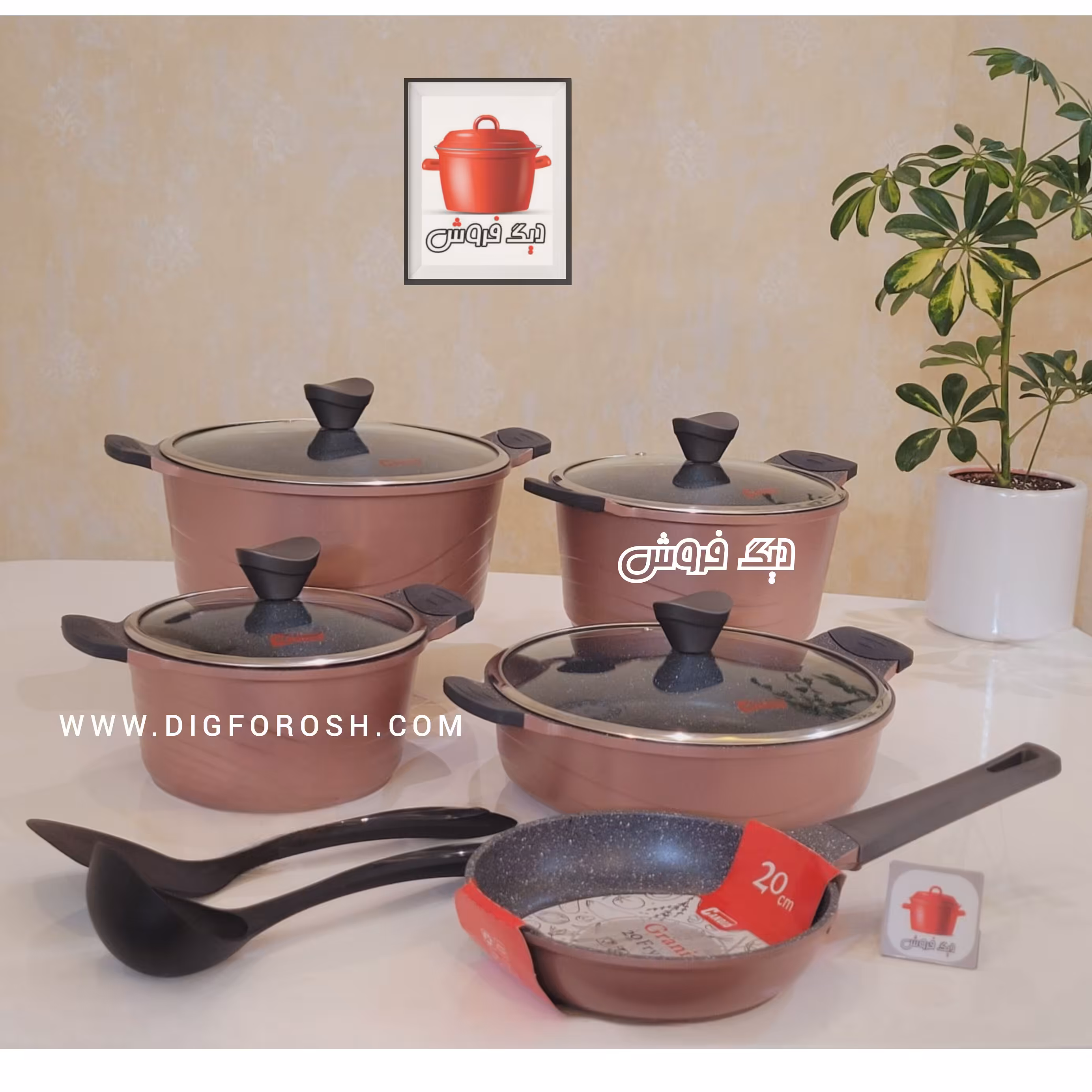 سرویس قابلمه 11پارچه چدن گرانیت دورو کاندید رنگ رزگلد طوسی مشکی (ارسال رایگان و فوری)باضمانت