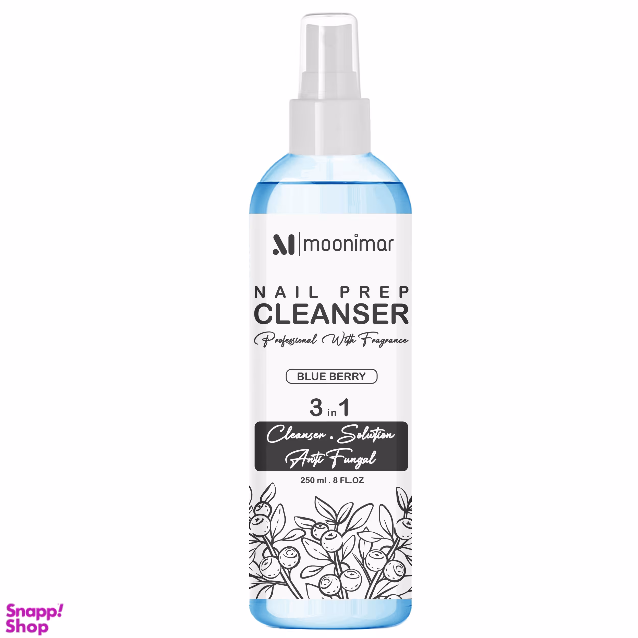 کلینزر کاشت ناخن مونیمار مدل Blue Berry سه کاره حجم 250 میلی لیتر