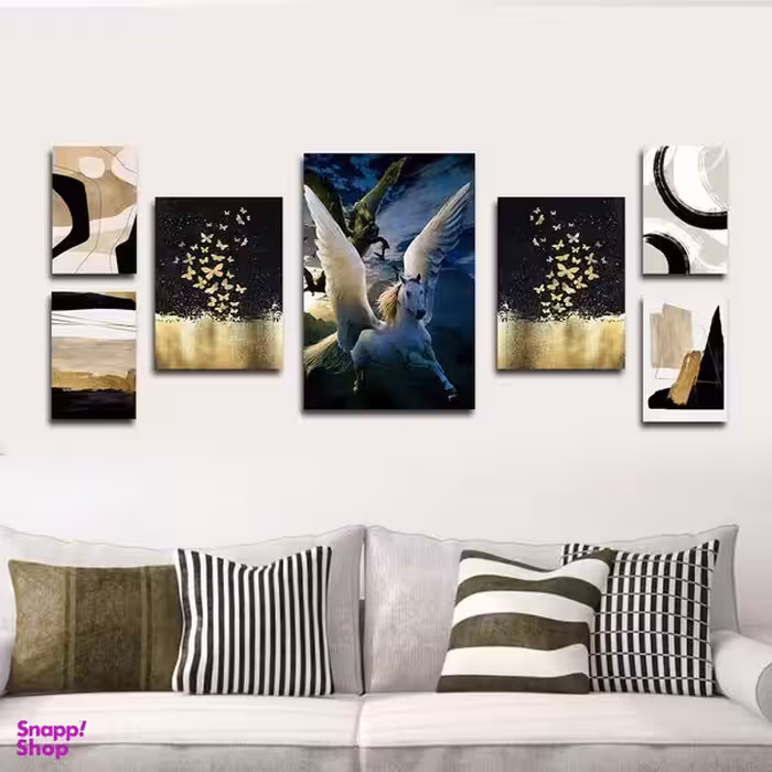 تابلو شاسی بکلیت طرح نقاشی مدرن آبستره و اسب و پروانه مدل SH-1789 مجموعه 7 عددی