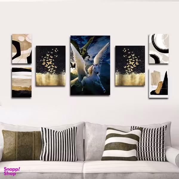 تابلو شاسی بکلیت طرح نقاشی مدرن آبستره و اسب و پروانه مدل SH-1789 مجموعه 7 عددی