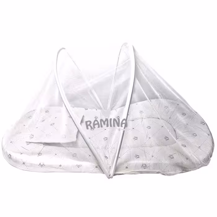 پشه بند فنری نوزاد با تشک و بالش نخی طرح قلب و تاج بیبی لایک Baby Like