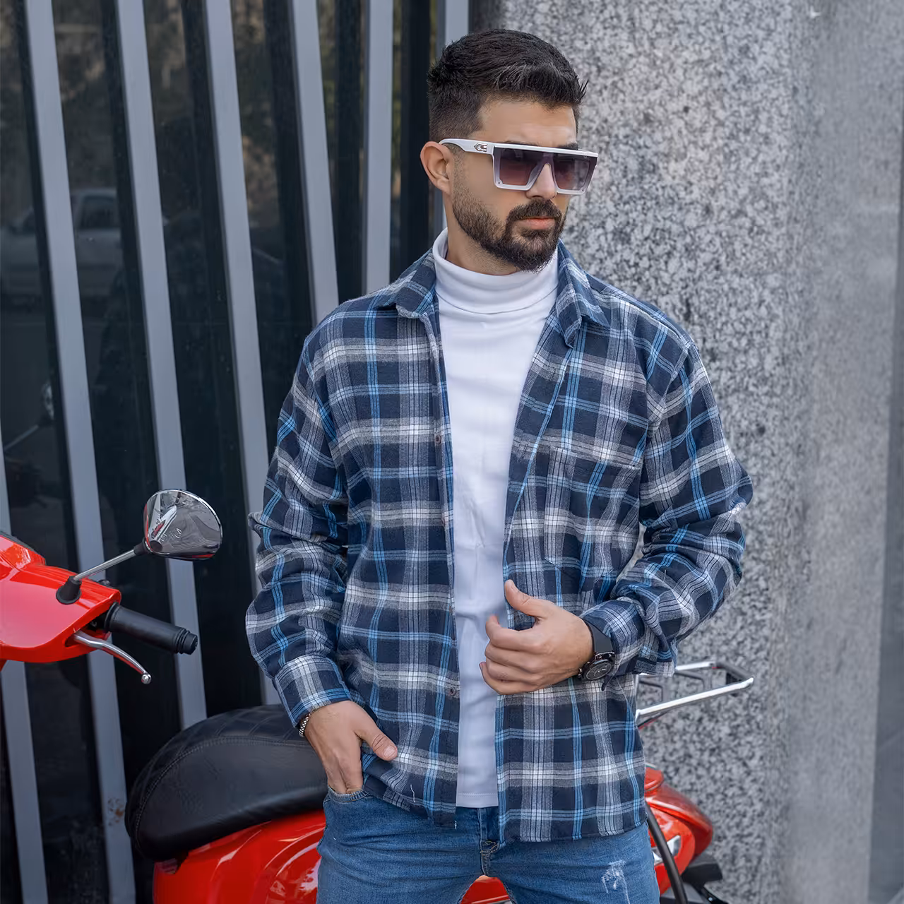 پیراهن مردانه چهارخونه آبی مدل BEHRAD