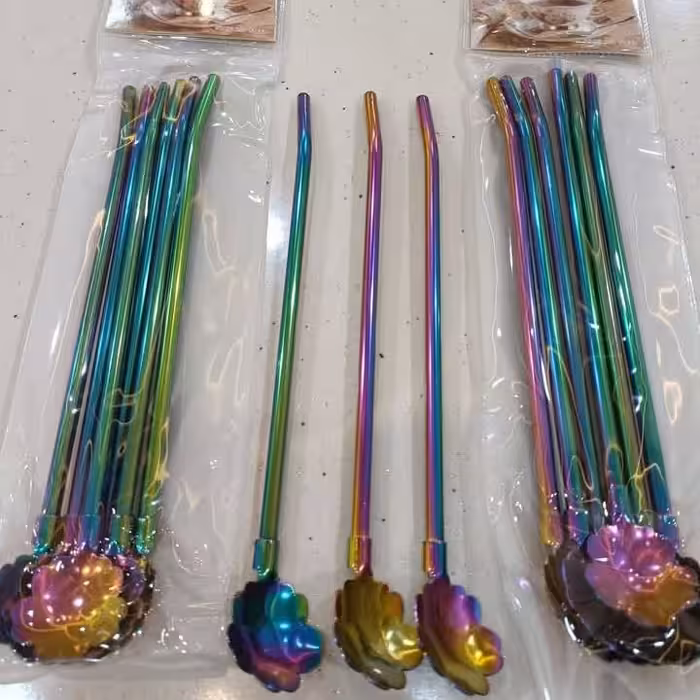 قاشق نی دار رنگی طرح گل قاشقی شربت خوری