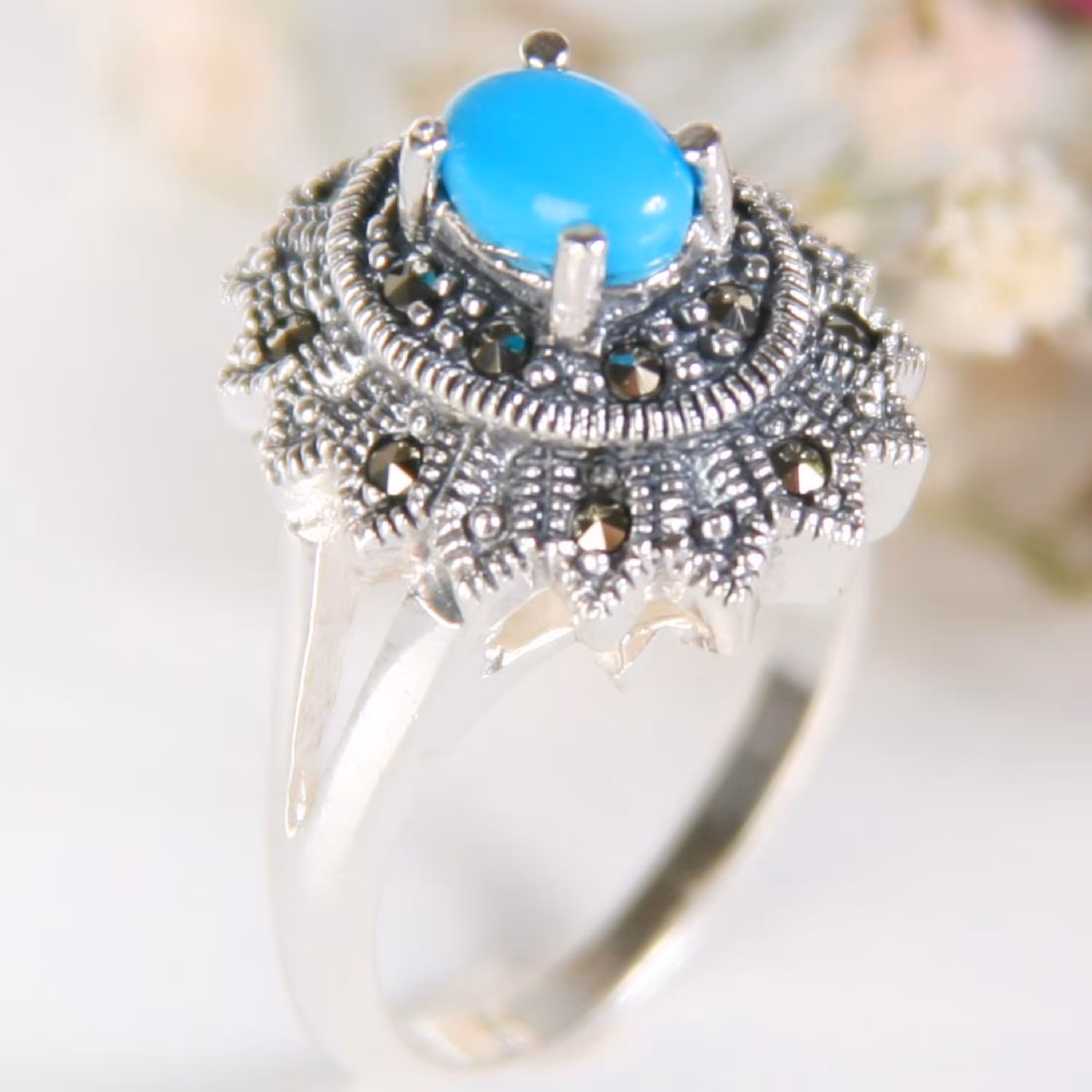 انگشتر نقره ساده قلم زنانه با نگین طرح فیروزه ضدحساسیت کیفیت بالا کد 4220