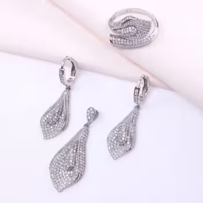 نیم ست نقره طرح گل و برگ نیلوفر عیار 925 کد 16059