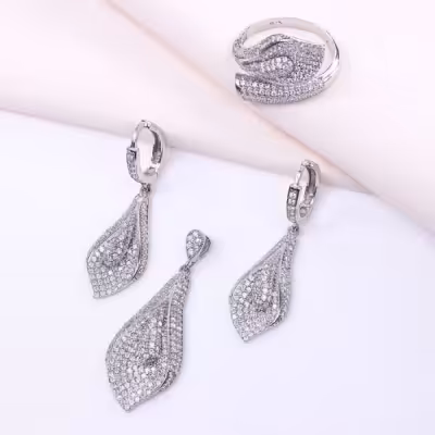 نیم ست نقره طرح گل و برگ نیلوفر عیار 925 کد 16059