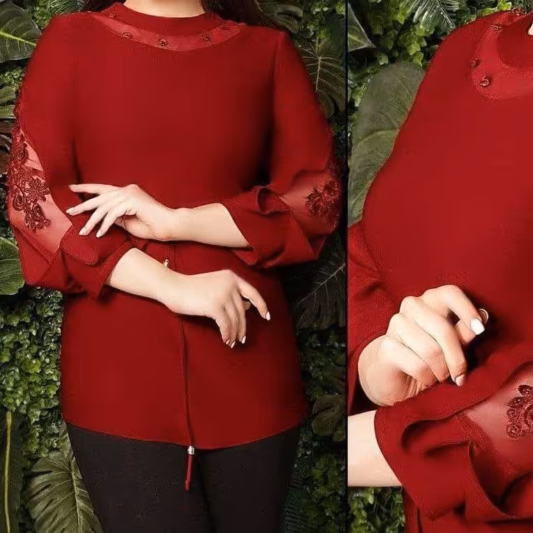 شومیز مجلسی زنانه جنس کرپ فلور گرم بالا خرجکار گیپور دوزی روی آستین 