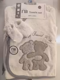 سرویس حوله نوزادی چهار تکه مادرکر 100% کتان سفید طوسی خرس mothercare bsby set 100% cotton