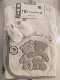 سرویس حوله نوزادی چهار تکه مادرکر 100% کتان سفید طوسی خرس mothercare bsby set 100% cotton