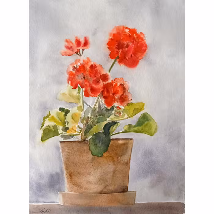 تابلو نقاشی آبرنگ  گلدان شمعدانی