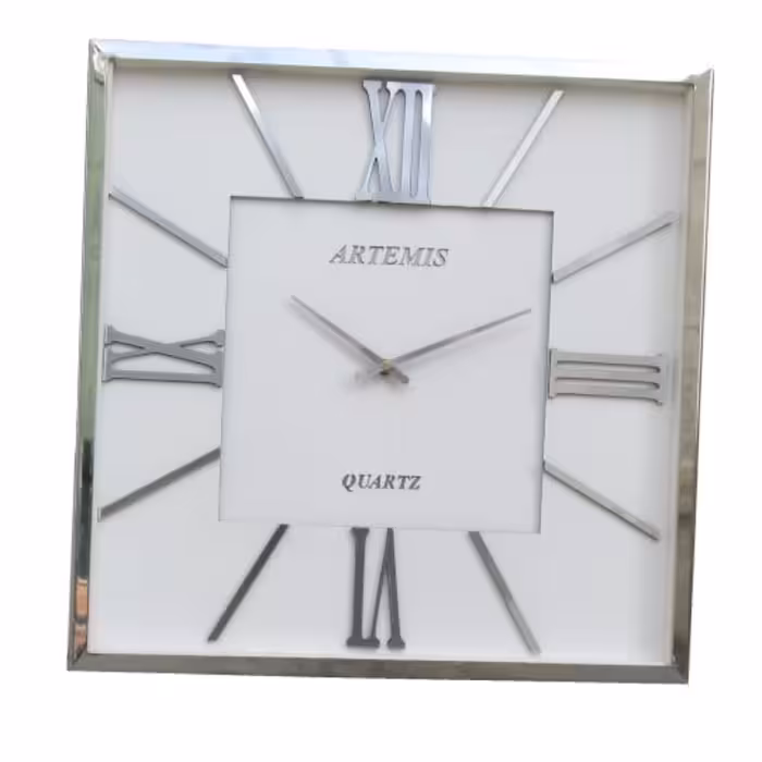 ساعت دیواری موتور آرام گرد فلزی آرتمیس طلایی و نقره ای صفحه سفید کد 2026 