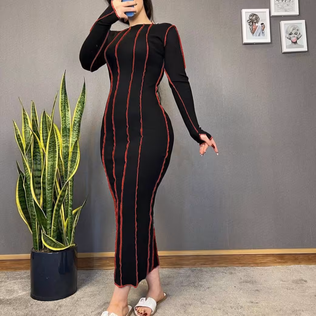 پیراهن بلند فانریپ کبریتی رگه دوزی شده 5011